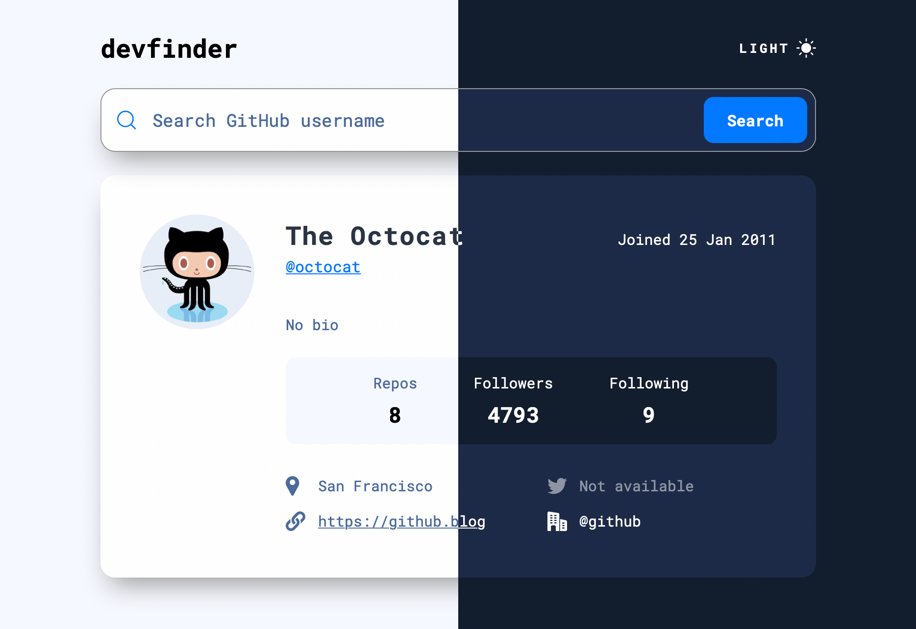 Screenshot from 'devfinder' app, showing light and dark mode side-by-side.