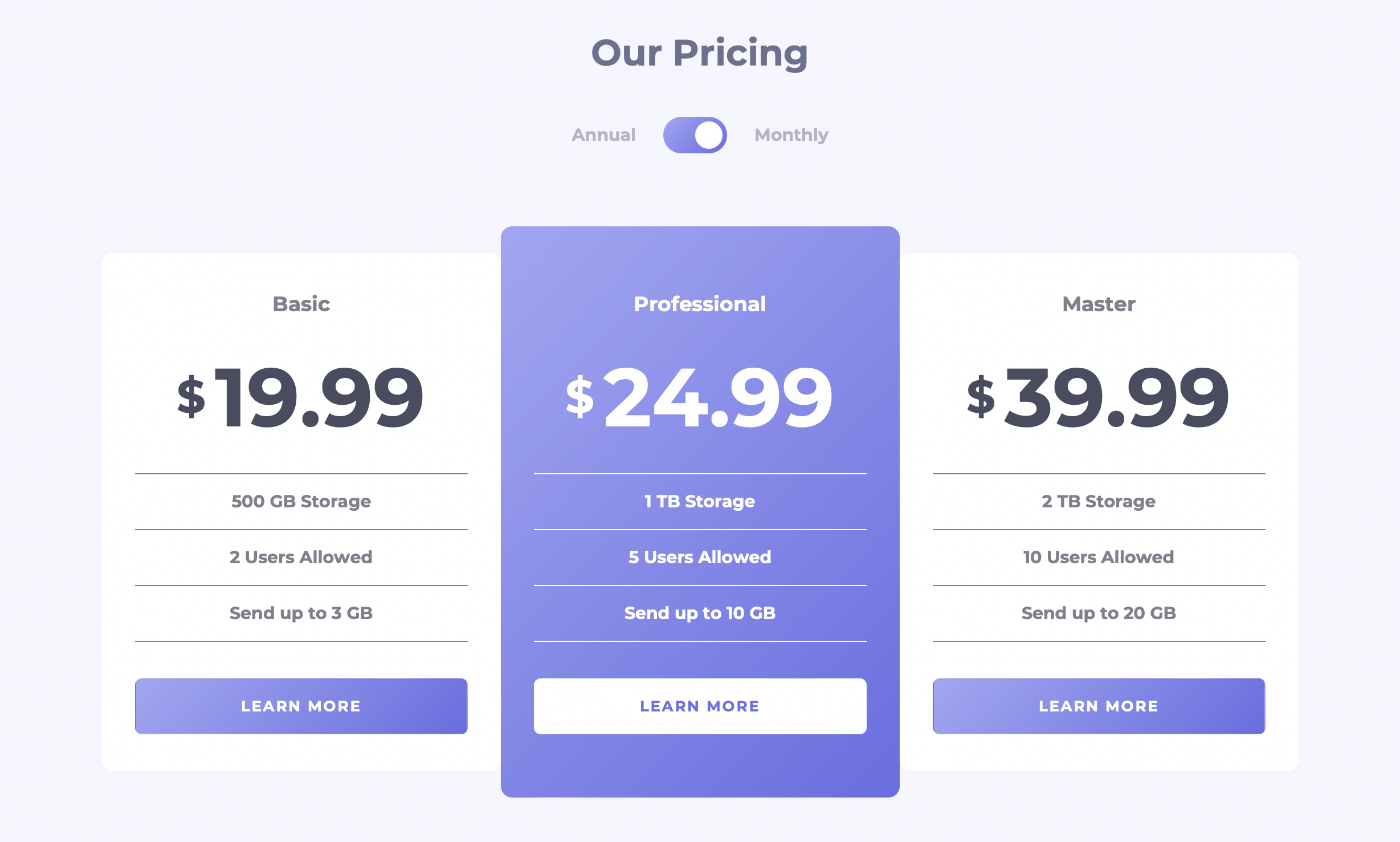 Screenshot from 'Pricing Cards' app.